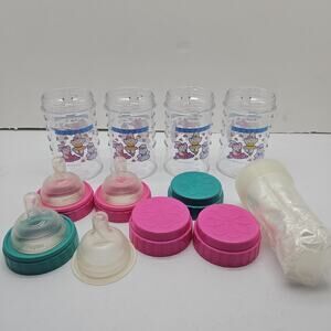 Lot Of 4 Playtex Nurser Bottles 4oz 1995 Vintage Caps, Rings, Nipples, Drop Ins